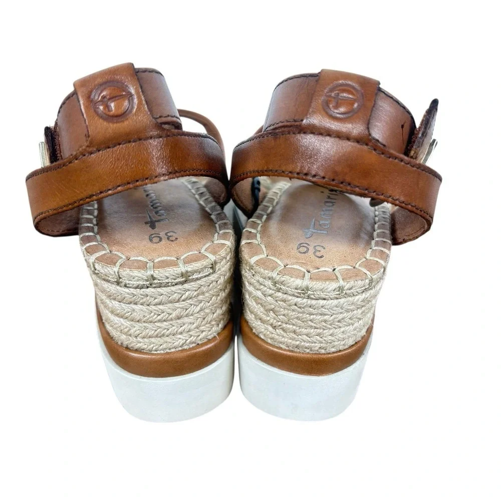 Tamaris Ladies Leather Cognac Brown Wedge Sandals Espadrille Capsule Size 8 / 39 - Picture 3 of 8